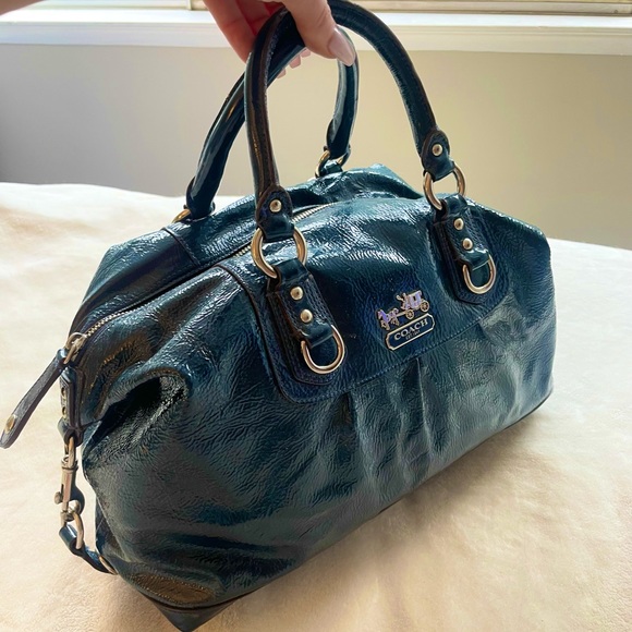 Coach Purse Patent Leather Satchel Navy Glossy Crinkle Blue Handbag Rare Color - Picture 2 of 7
